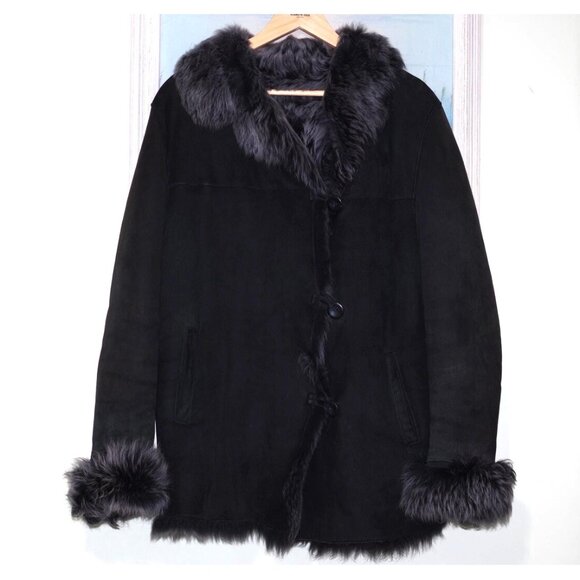BLUE Duck Shearling Genuine Sheepskin Black Women Coat Size:S (fit S-M - Picture 6 of 8